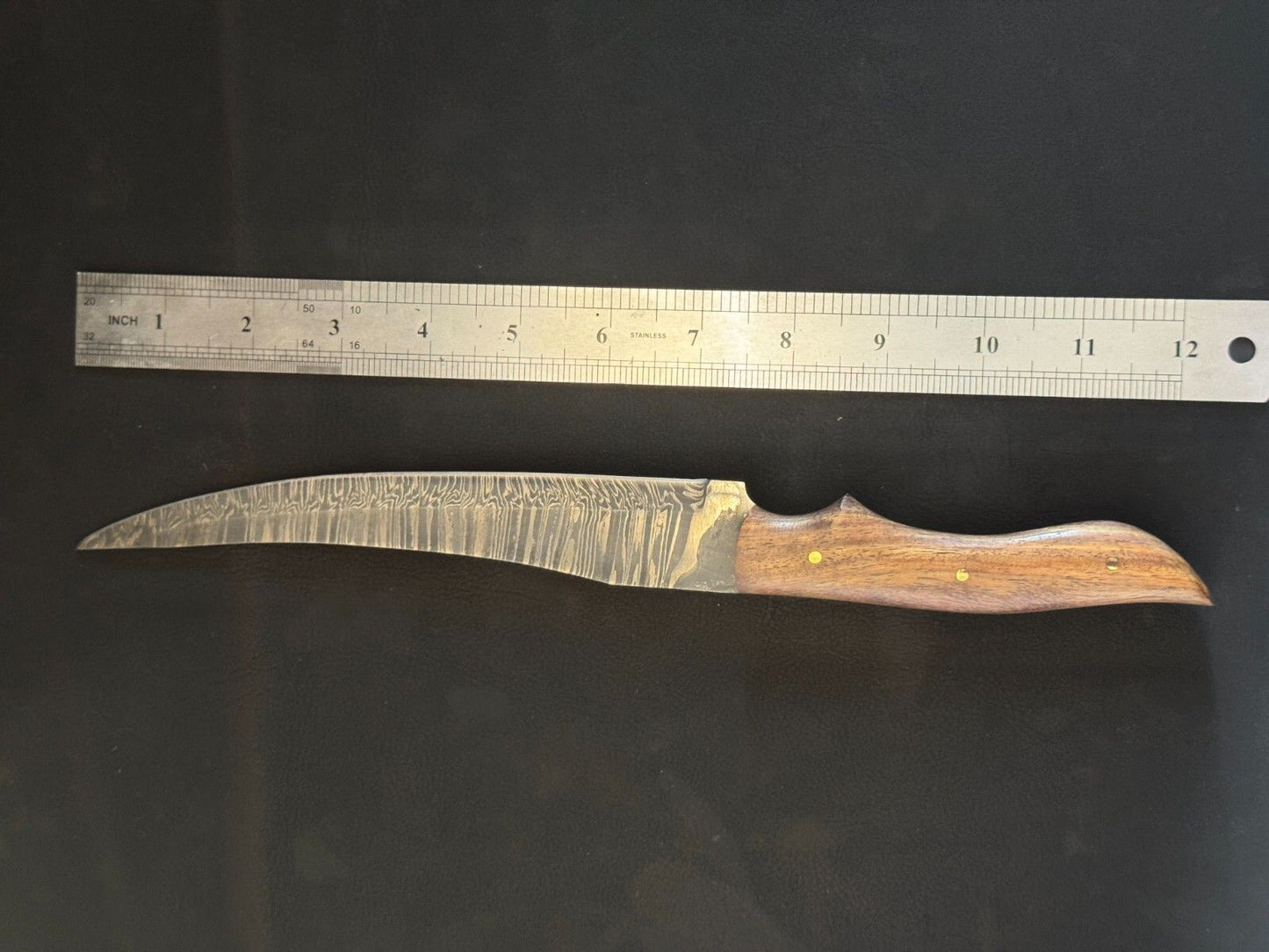 12" Hand Forged Damascus Kitchen Fillet Knife with Wood Handle & Leather Sheath