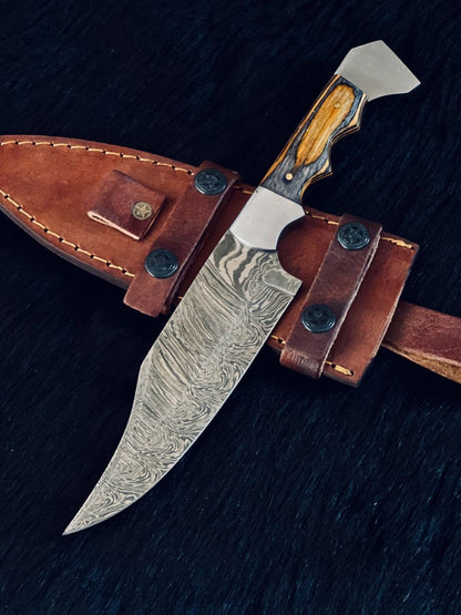 11" Fire Damascus Steel Bowie Knife –  Wood Handle with Leather Sheath