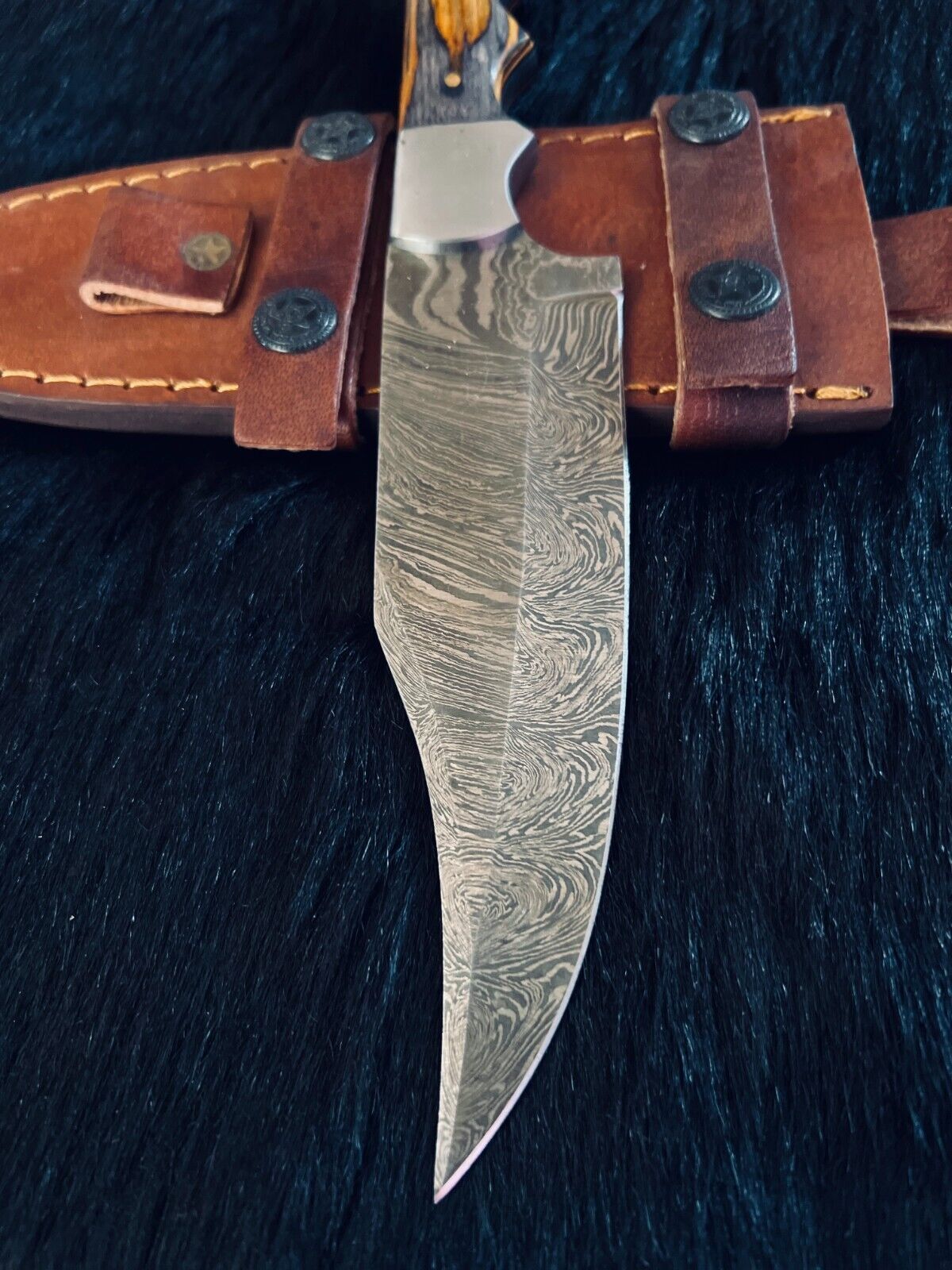 11" Fire Damascus Steel Bowie Knife –  Wood Handle with Leather Sheath