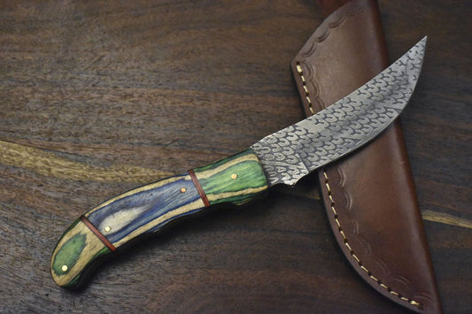 Hand Forged Skinner Knife – AUS-8 Steel, Hard Wood Handle with Wooden Bolster, 10" Hiking Knife