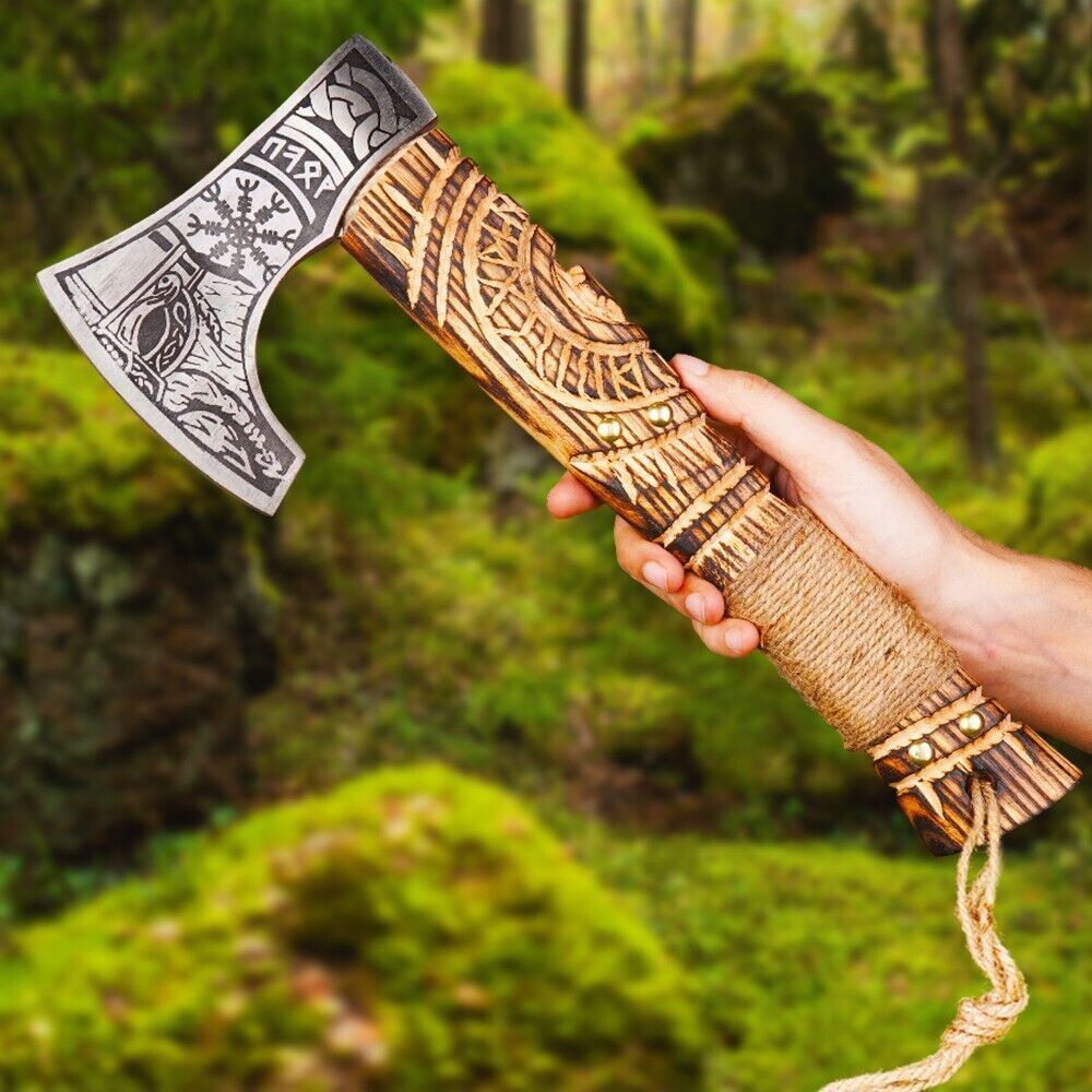 Hand Forged Bearded Ragnar Viking Axe 13" Damascus Steel Camping Hatchet