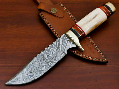 Handmade Damascus Steel Bowie Hunting Knife | Camel Bone Handle
