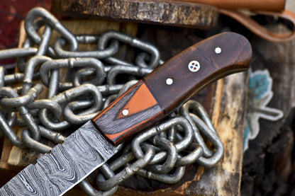 Custom Skinner Knife Twist Damascus Walnut Wood Handle Wooden Bolster Hiking Knife
