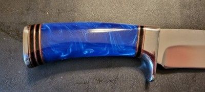 12 Inch Custom D2 Steel Hunting Bowie Knife with Blue Resin Handle & Leather Sheath