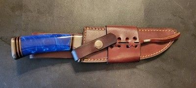12 Inch Custom D2 Steel Hunting Bowie Knife with Blue Resin Handle & Leather Sheath
