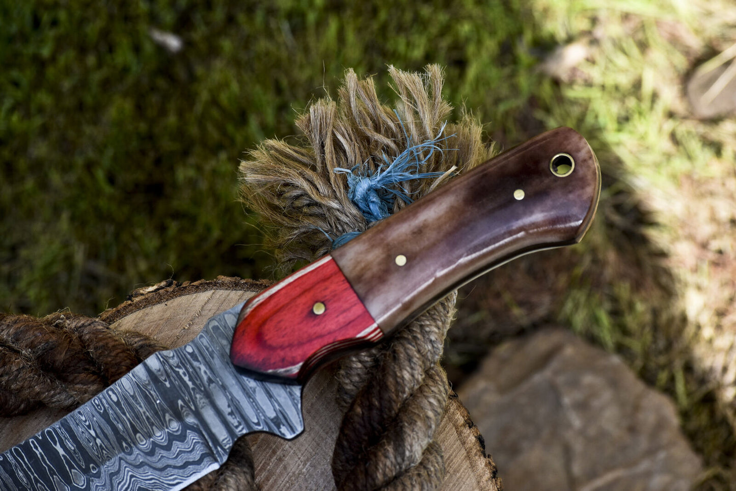 Custom Skinner Knife Ladder Damascus Bone Wooden Bolster Survival