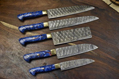 Hand Forged Chef Knife Set – Lot of 5 Twist Pattern Damascus Steel Knives with Micarta Handles & Brass Bolster