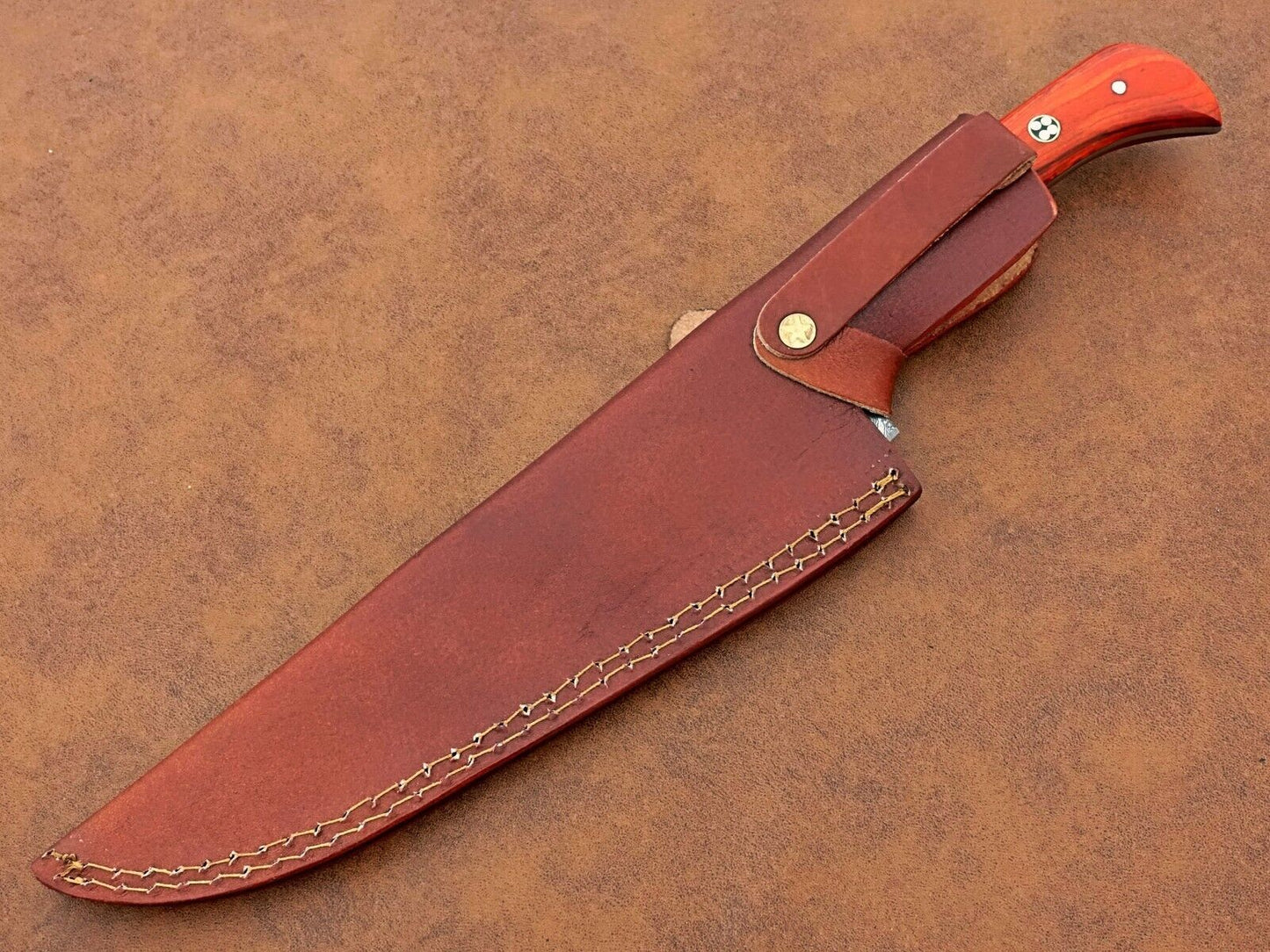 Custom Hand-Forged Damascus Chef Knife – Camping & Kitchen Knife Gift with Leather Sheath