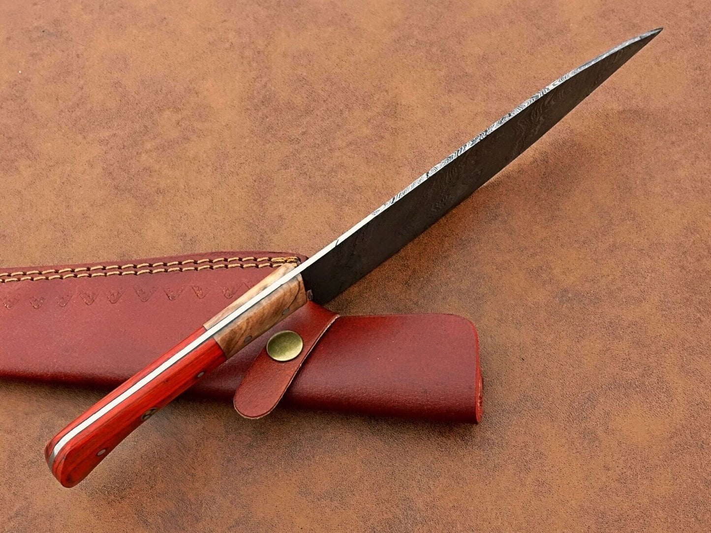 Custom Hand-Forged Damascus Chef Knife – Camping & Kitchen Knife Gift with Leather Sheath