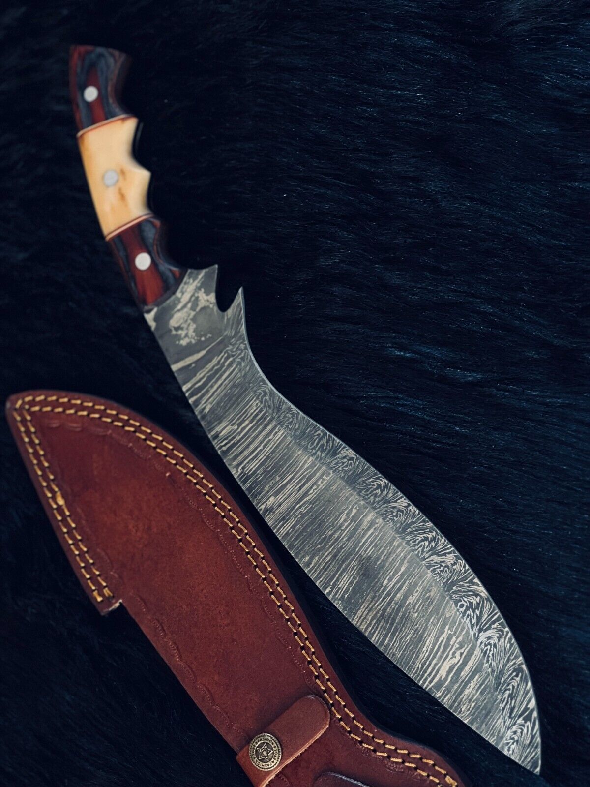 Heritage Forge 15.5 Inch Handmade Twist Damascus Kukri Hunting Knife with Camel Bone and Wood Handle