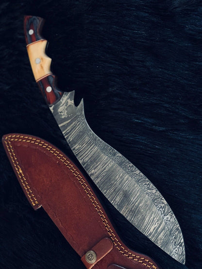 Heritage Forge 15.5 Inch Handmade Twist Damascus Kukri Hunting Knife with Camel Bone and Wood Handle