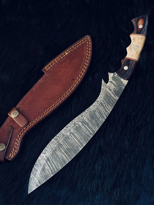 Heritage Forge 15.5 Inch Handmade Twist Damascus Kukri Hunting Knife with Camel Bone and Wood Handle