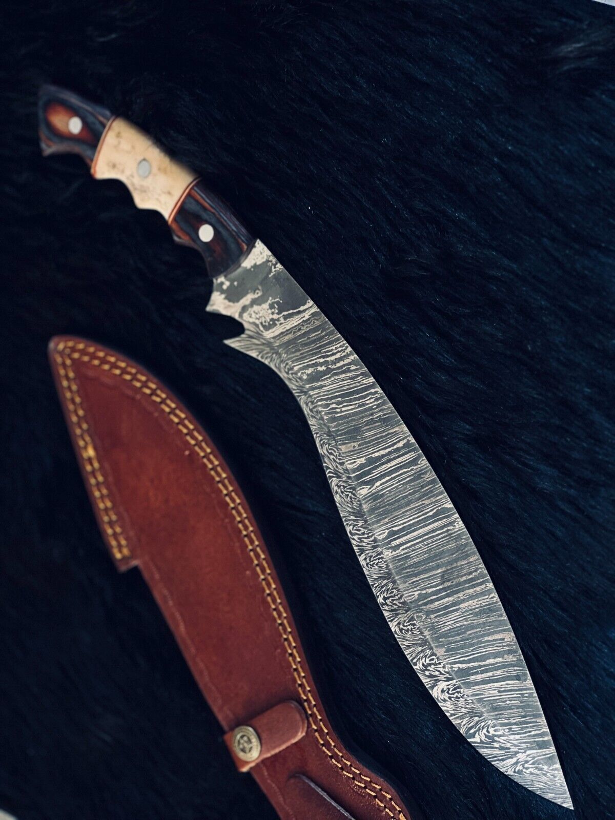 Heritage Forge 15.5 Inch Handmade Twist Damascus Kukri Hunting Knife with Camel Bone and Wood Handle