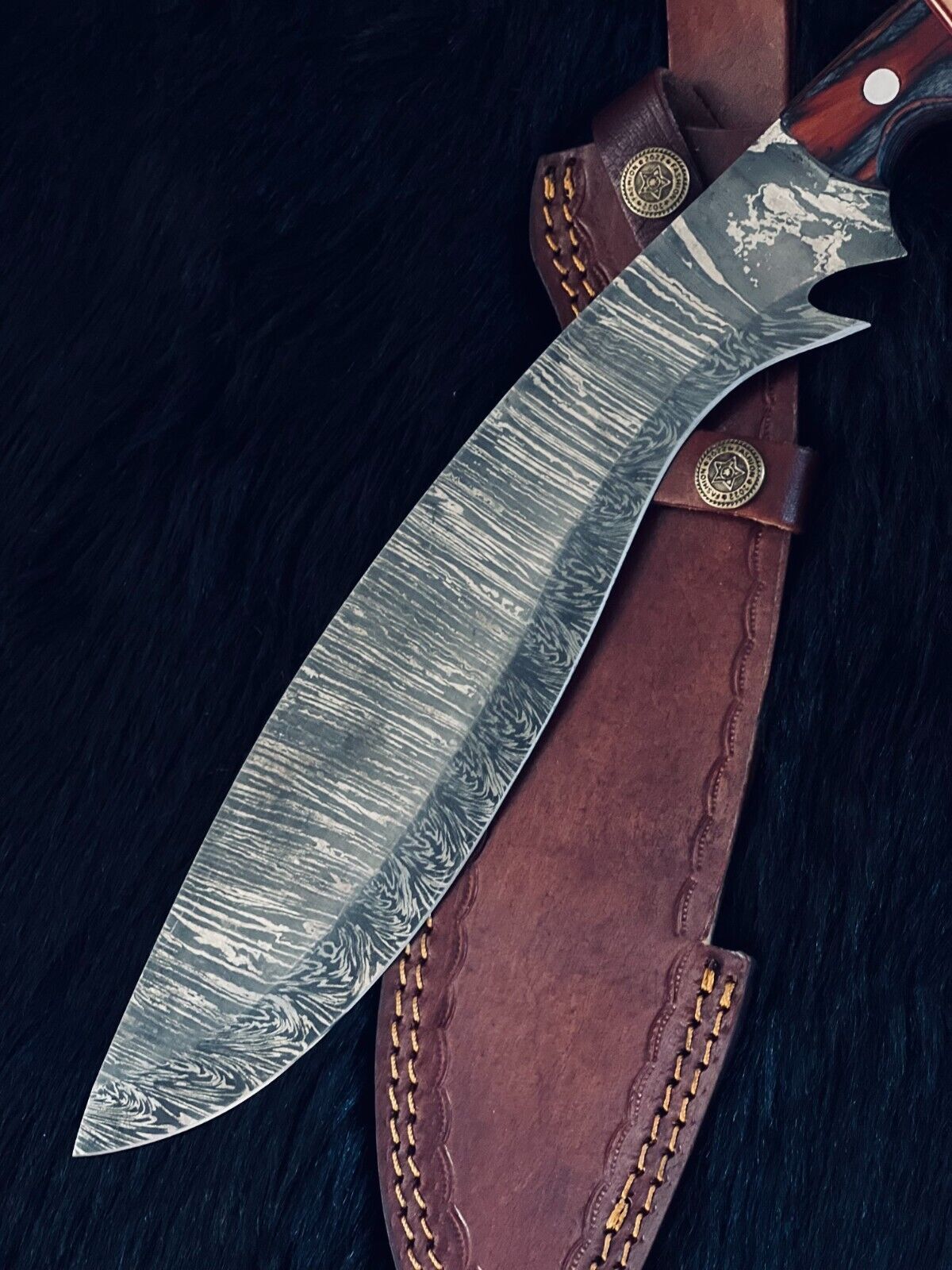 Heritage Forge 15.5 Inch Handmade Twist Damascus Kukri Hunting Knife with Camel Bone and Wood Handle