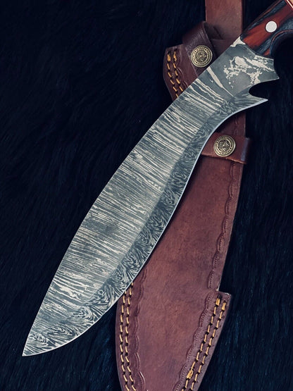 Heritage Forge 15.5 Inch Handmade Twist Damascus Kukri Hunting Knife with Camel Bone and Wood Handle