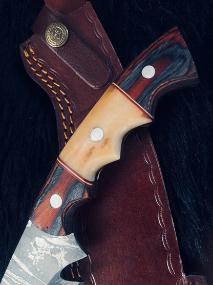 Heritage Forge 15.5 Inch Handmade Twist Damascus Kukri Hunting Knife with Camel Bone and Wood Handle