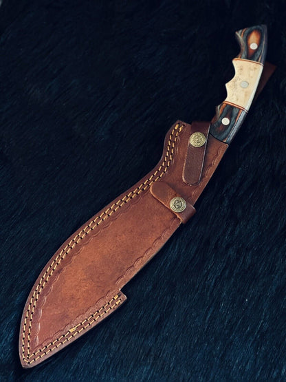 Heritage Forge 15.5 Inch Handmade Twist Damascus Kukri Hunting Knife with Camel Bone and Wood Handle