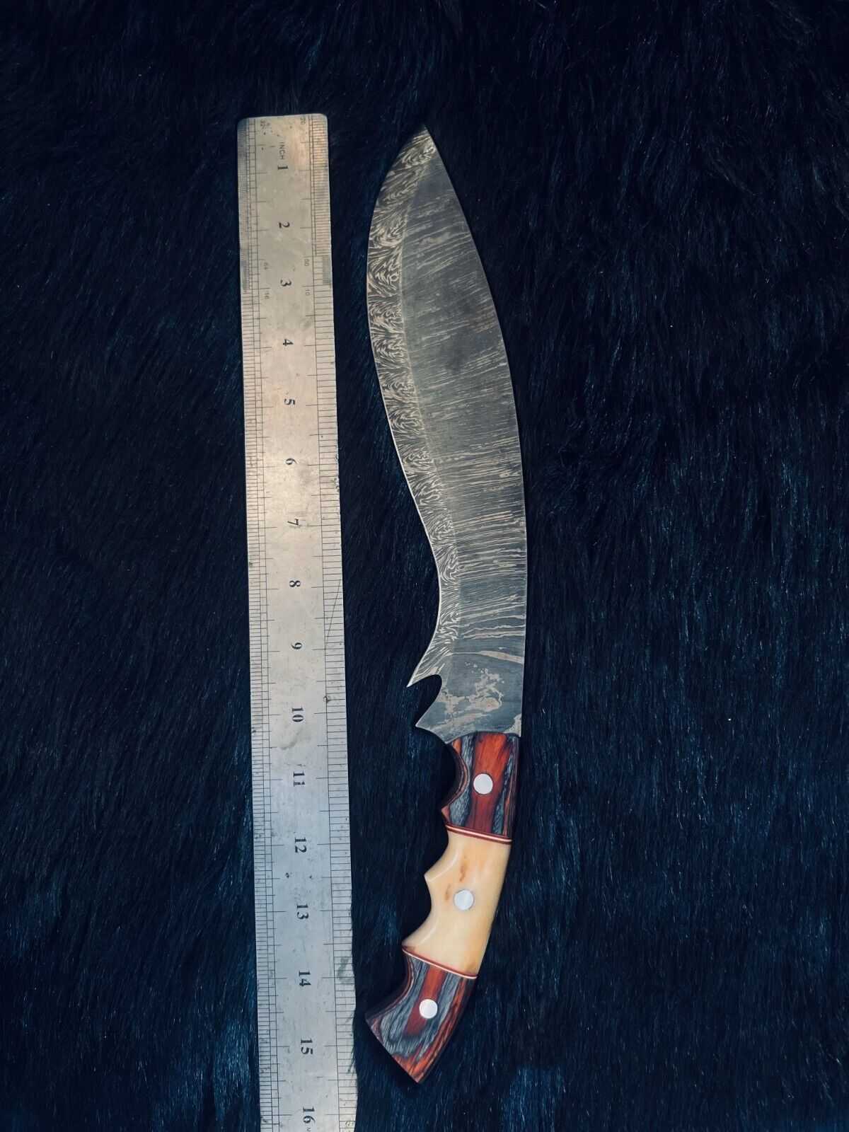 Heritage Forge 15.5 Inch Handmade Twist Damascus Kukri Hunting Knife with Camel Bone and Wood Handle