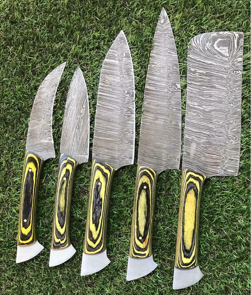 Custom Handmade Damascus Steel Chef Knife Set – 5 PCS Twist Pattern Walnut Handle