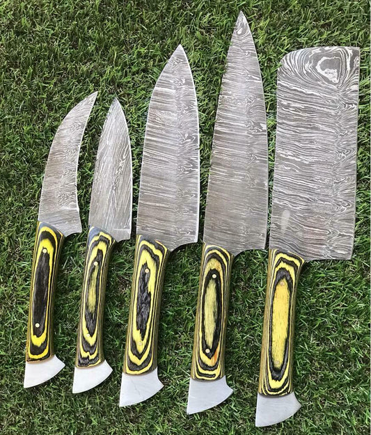 Custom Handmade Damascus Steel Chef Knife Set – 5 PCS Twist Pattern Walnut Handle