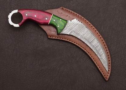 Damascus Karambit Knife Full Tang Damascus Steel Hunting Knife with Wood Handle