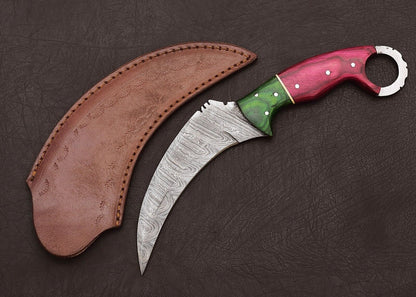 Damascus Karambit Knife Full Tang Damascus Steel Hunting Knife with Wood Handle