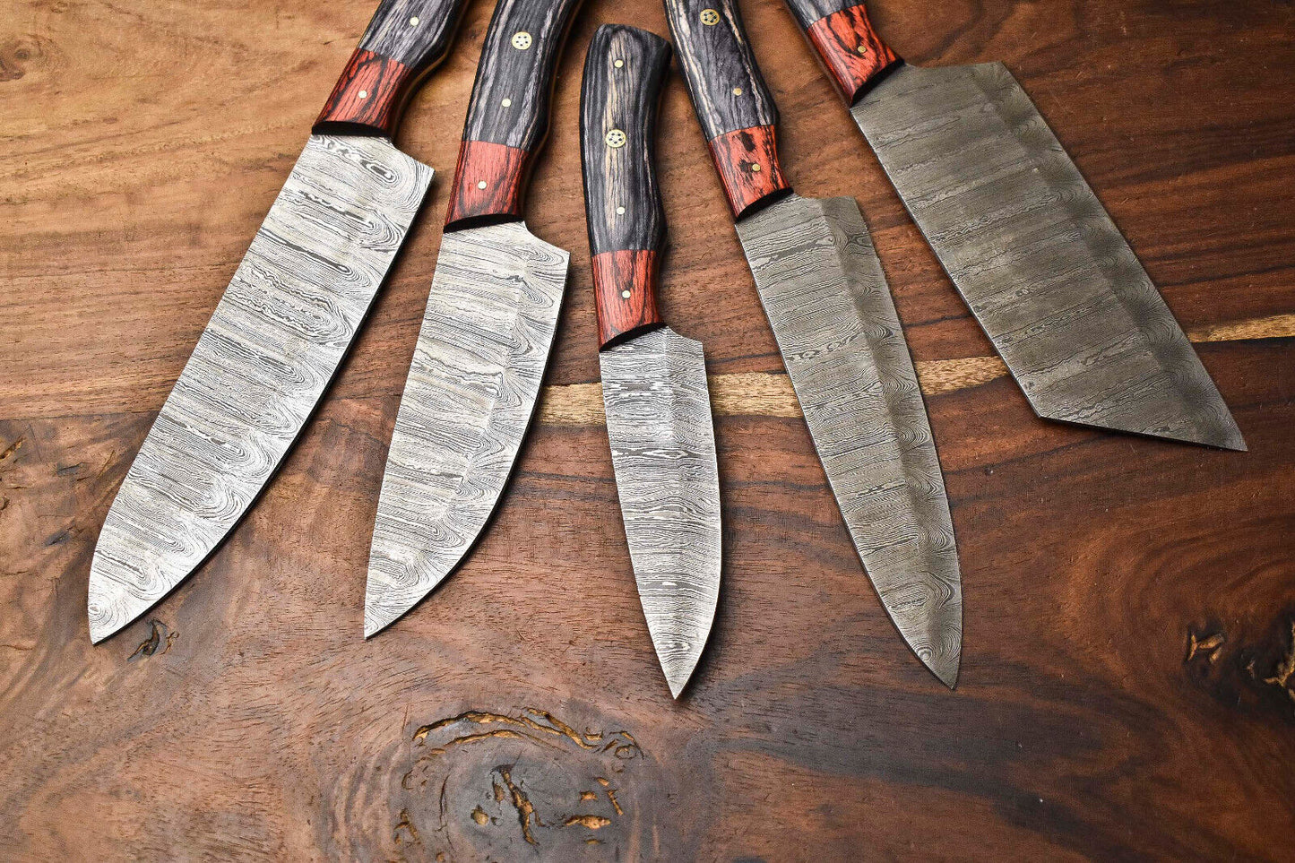 Custom Lot of 5 Rare Handmade Damascus Steel Blade Chef Knife Set