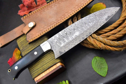 San Mai Damascus Steel Nakri Chef Knife Handmade – G-10 Micarta Handle with Leather Sheath