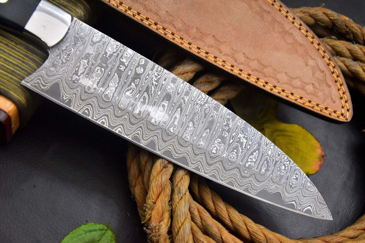 San Mai Damascus Steel Nakri Chef Knife Handmade – G-10 Micarta Handle with Leather Sheath