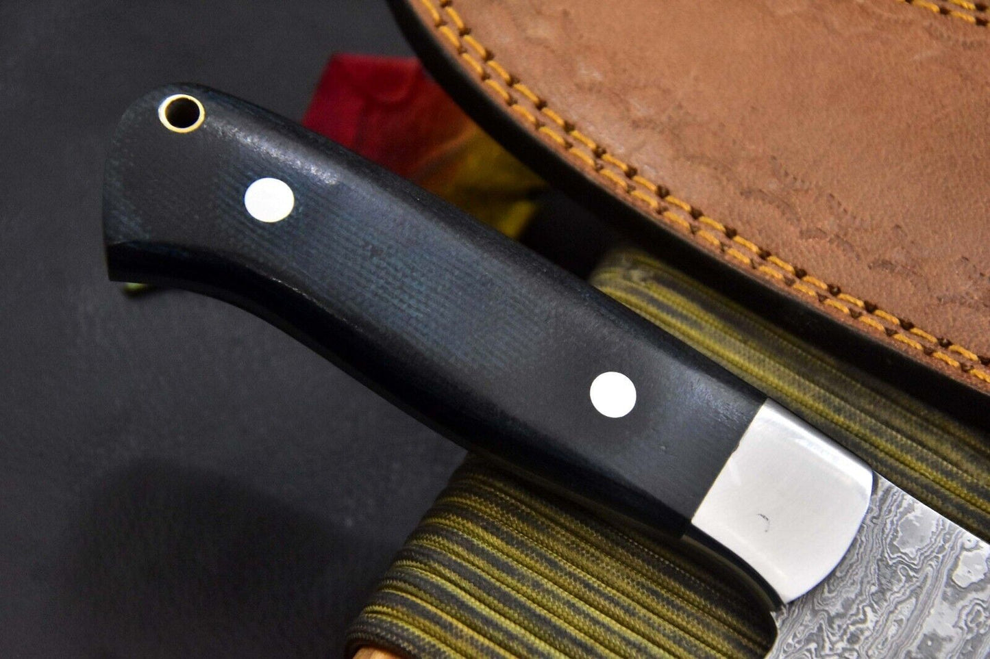San Mai Damascus Steel Nakri Chef Knife Handmade – G-10 Micarta Handle with Leather Sheath