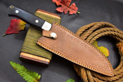 San Mai Damascus Steel Nakri Chef Knife Handmade – G-10 Micarta Handle with Leather Sheath