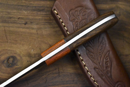 8.25" Custom Forged Skinner Knife AUS-8 Steel Walnut Wood Handle Wooden Bolster EDC with Leather Sheath