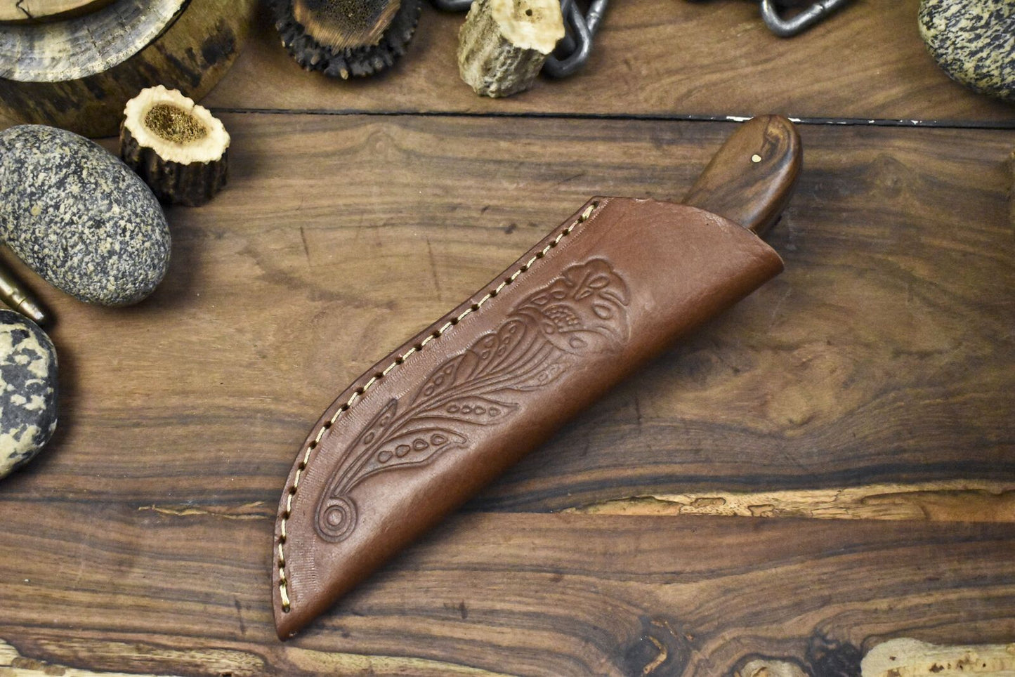 8.25" Custom Forged Skinner Knife AUS-8 Steel Walnut Wood Handle Wooden Bolster EDC with Leather Sheath