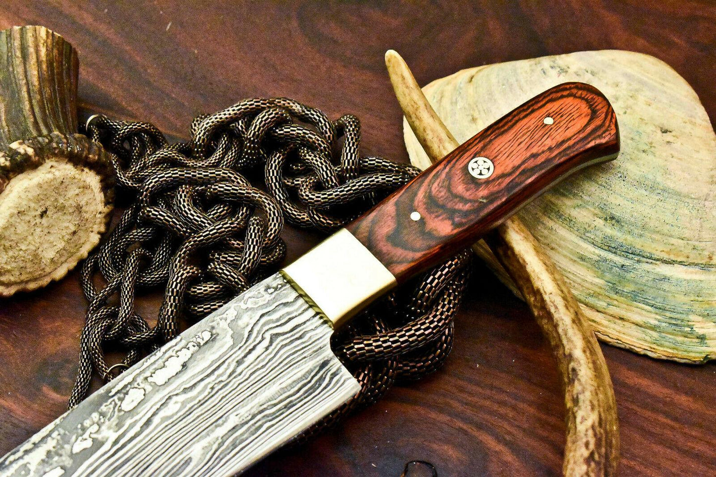 Custom Handmade Damascus Chef Hunting Knife | Hardwood Handle