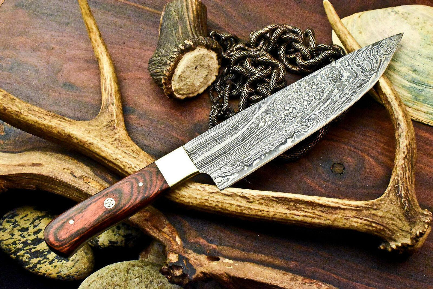 Custom Handmade Damascus Chef Hunting Knife | Hardwood Handle