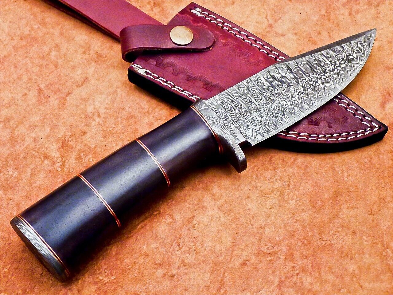 10" Damascus Bowie Hunting Knife – Camel Bone Handle & Leather Sheath