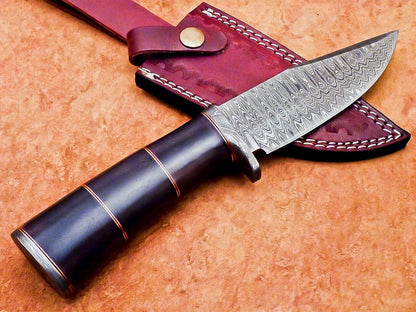 10" Damascus Bowie Hunting Knife – Camel Bone Handle & Leather Sheath
