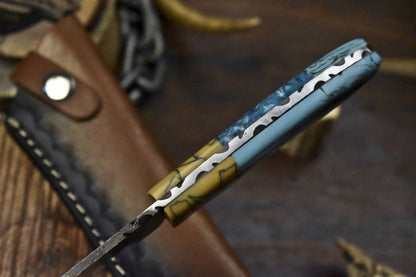 Handcrafted Twist Damascus Skinner Knife with Corian Handle – Gift-Ready Hunting Blade