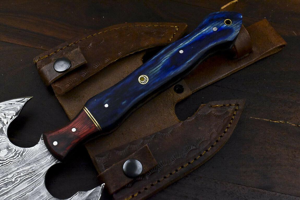 Handmade Damascus Steel Hard Wood Clever Chopper Axe Knife with Leather Sheath