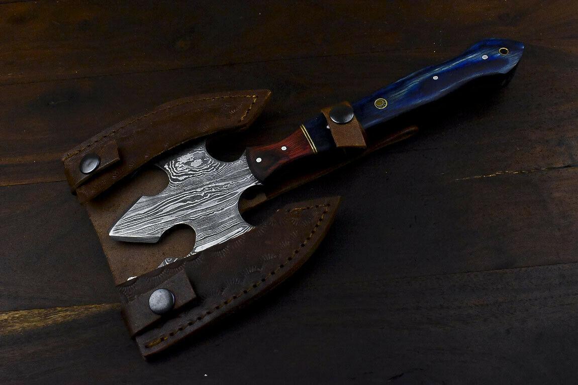 Handmade Damascus Steel Hard Wood Clever Chopper Axe Knife with Leather Sheath