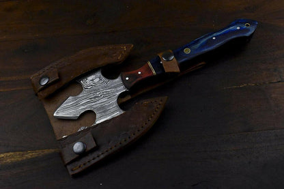 Handmade Damascus Steel Hard Wood Clever Chopper Axe Knife with Leather Sheath