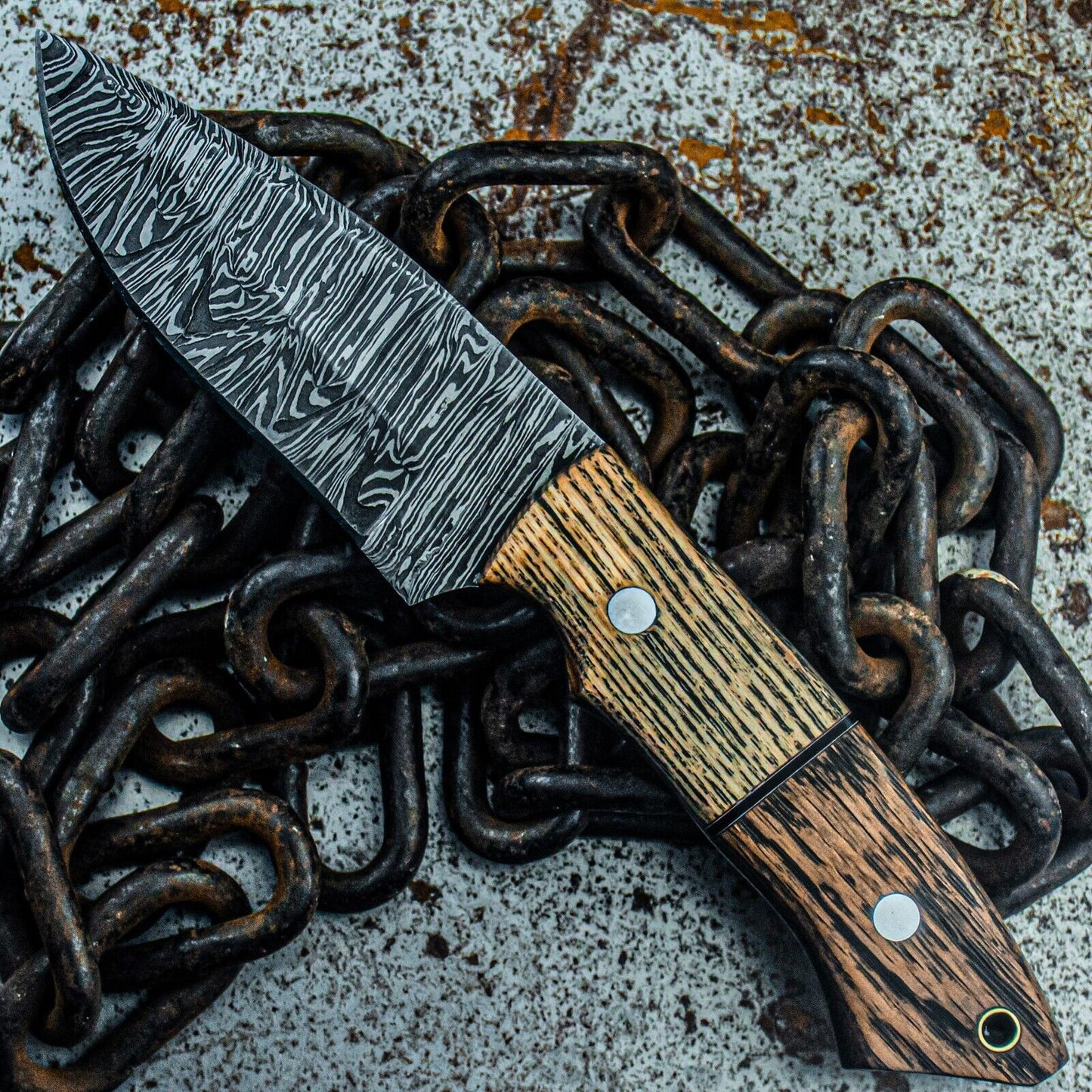8.5" Heritage Forge Damascus Steel Tactical Hunting Knife – Custom Wood Handle & Sheath