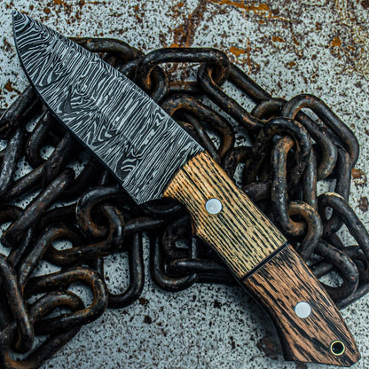 8.5" Heritage Forge Damascus Steel Tactical Hunting Knife – Custom Wood Handle & Sheath