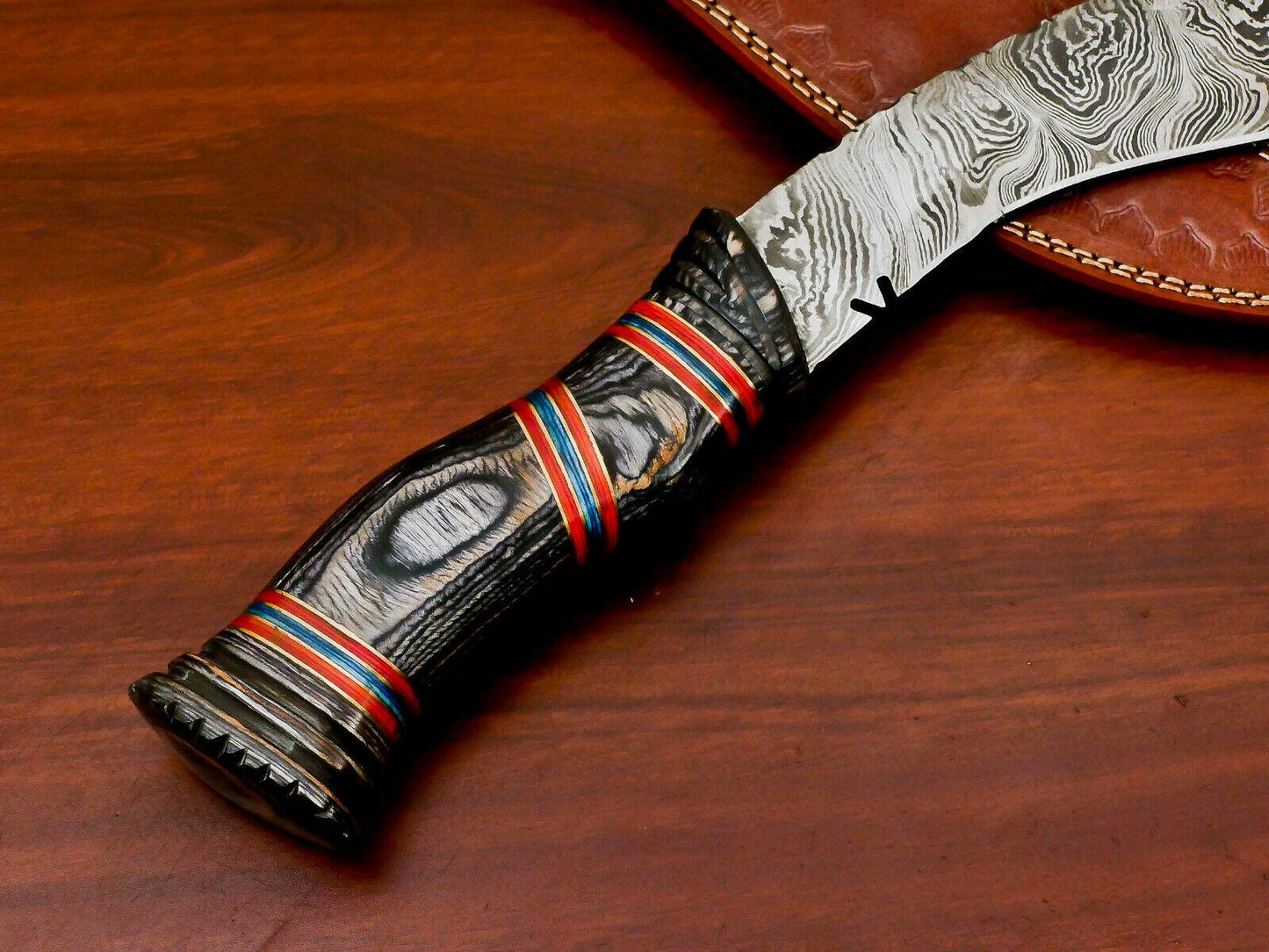 Hand Forged Damascus Khukri Bowie Knife – 15" Carved Hardwood Handle