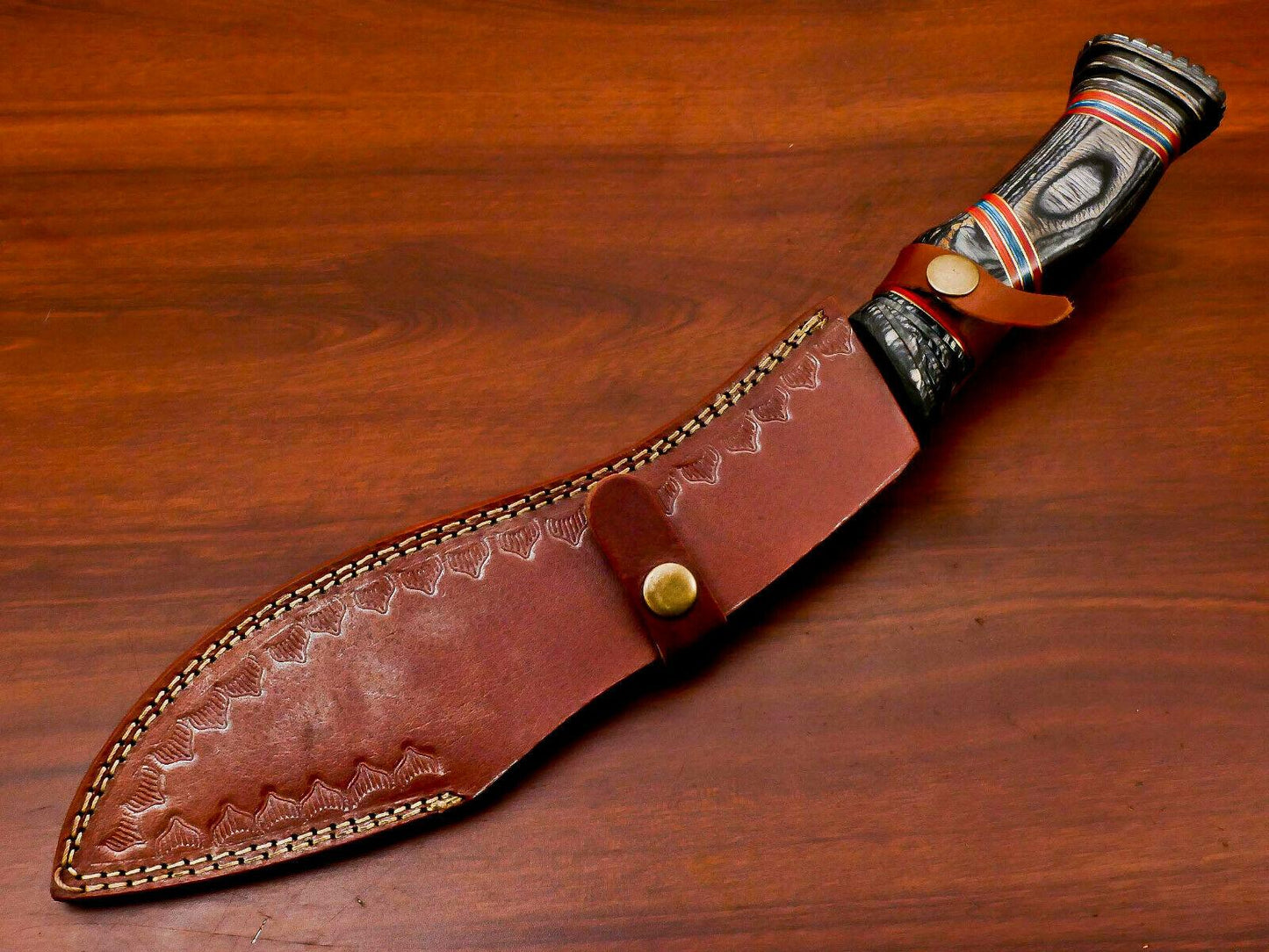 Hand Forged Damascus Khukri Bowie Knife – 15" Carved Hardwood Handle
