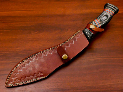 Hand Forged Damascus Khukri Bowie Knife – 15" Carved Hardwood Handle
