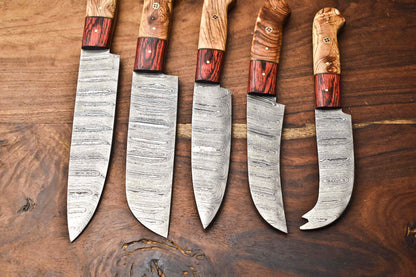 Custom Lot of 5 Handmade Hammered Damascus Steel Blade Chef Knife Set – Professional Kitchen Knives