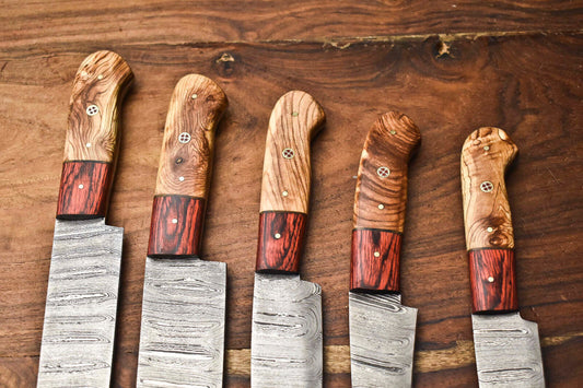 Custom Lot of 5 Handmade Hammered Damascus Steel Blade Chef Knife Set – Professional Kitchen Knives