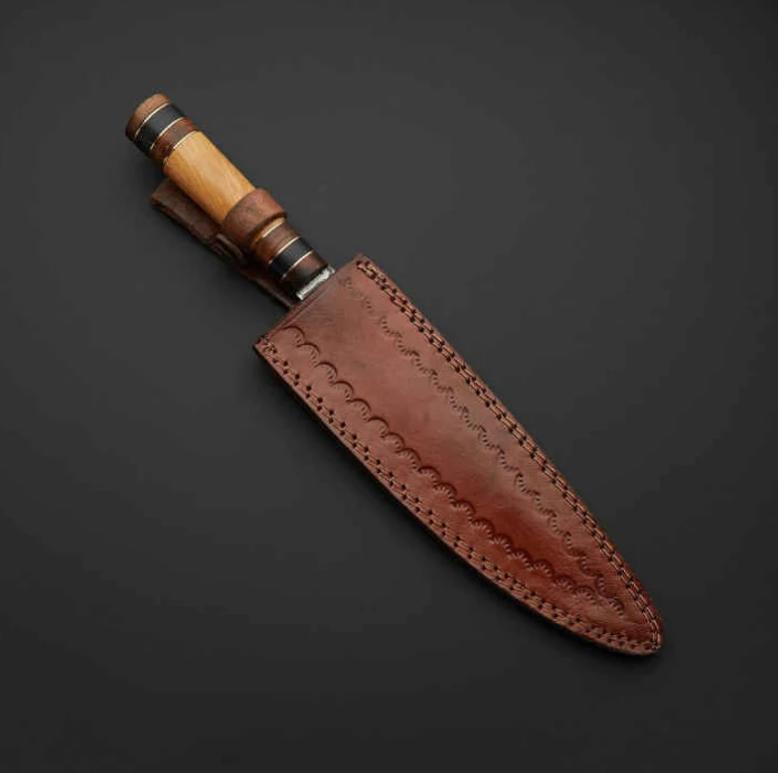 13" Santoku Japanese Style Damascus Steel Custom Handmade Chef Kitchen Knife – 8" Blade, Wood Handle, Leather Sheath