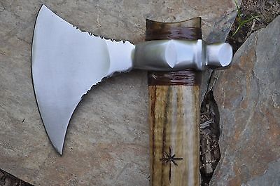 Hand Forged Viking Tomahawk Camp Axe with Poll Hammer and Curly Ash Handle